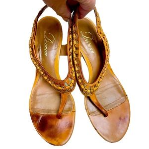 Delman gold studded woven leather kitten heel thong sandals, see thru mesh Sz8.5